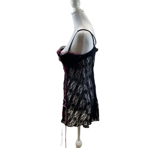Lover’s Lane Black Lace and Pink Ribbon Lace Up Teddy Lingerie Size Large‎ - Picture 9 of 12